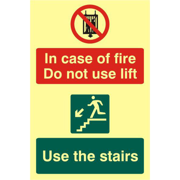 ASEC `In Case Of Fire Do Not Use Lift` 200mm x 300mm PVC Self Adhesive Photo luminescent Sign